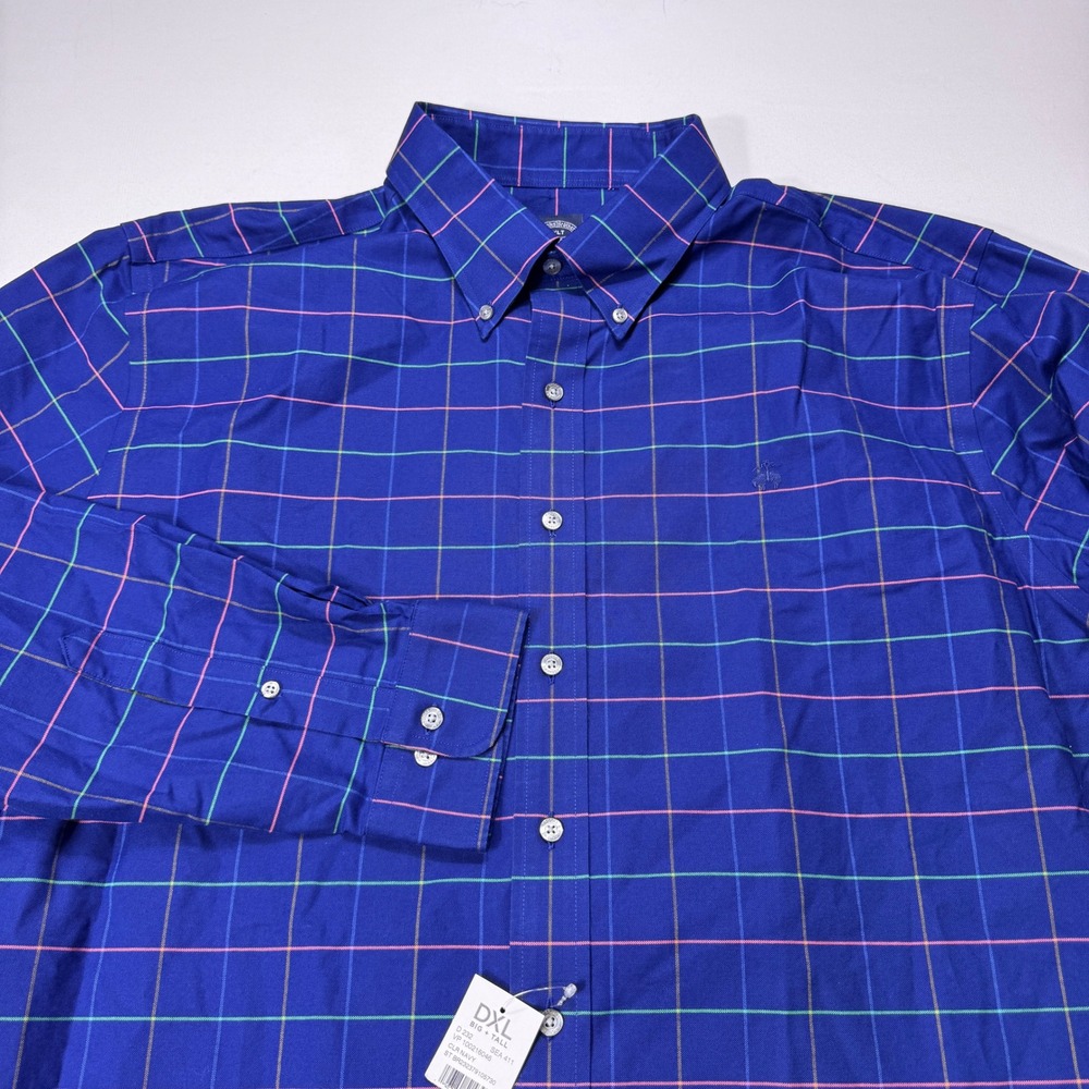 Brooks Brothers Navy Blue Plaid Non-Iron Stretch Shirt 2XLT Casual Long Sleeve